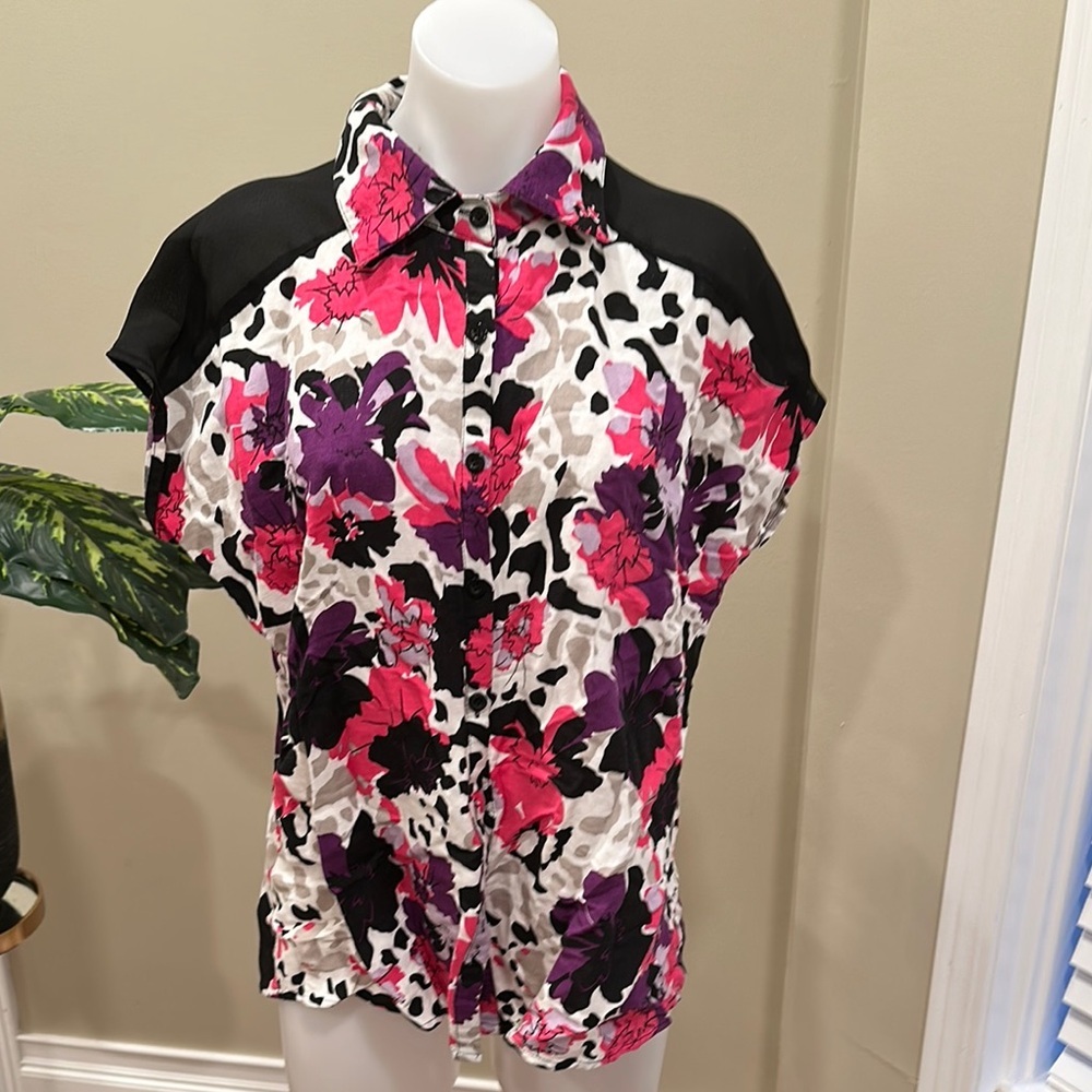 Ashley Stewart Floral Colorblock Blouse | Size 12 | Linen Blend